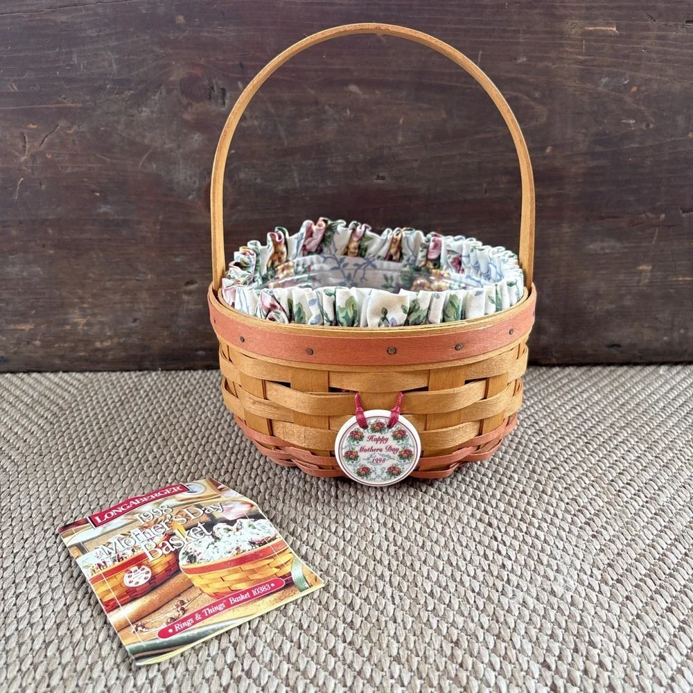 Longaberger 1998 Mother's Day Basket with Tie On, Floral Liner and Protector.